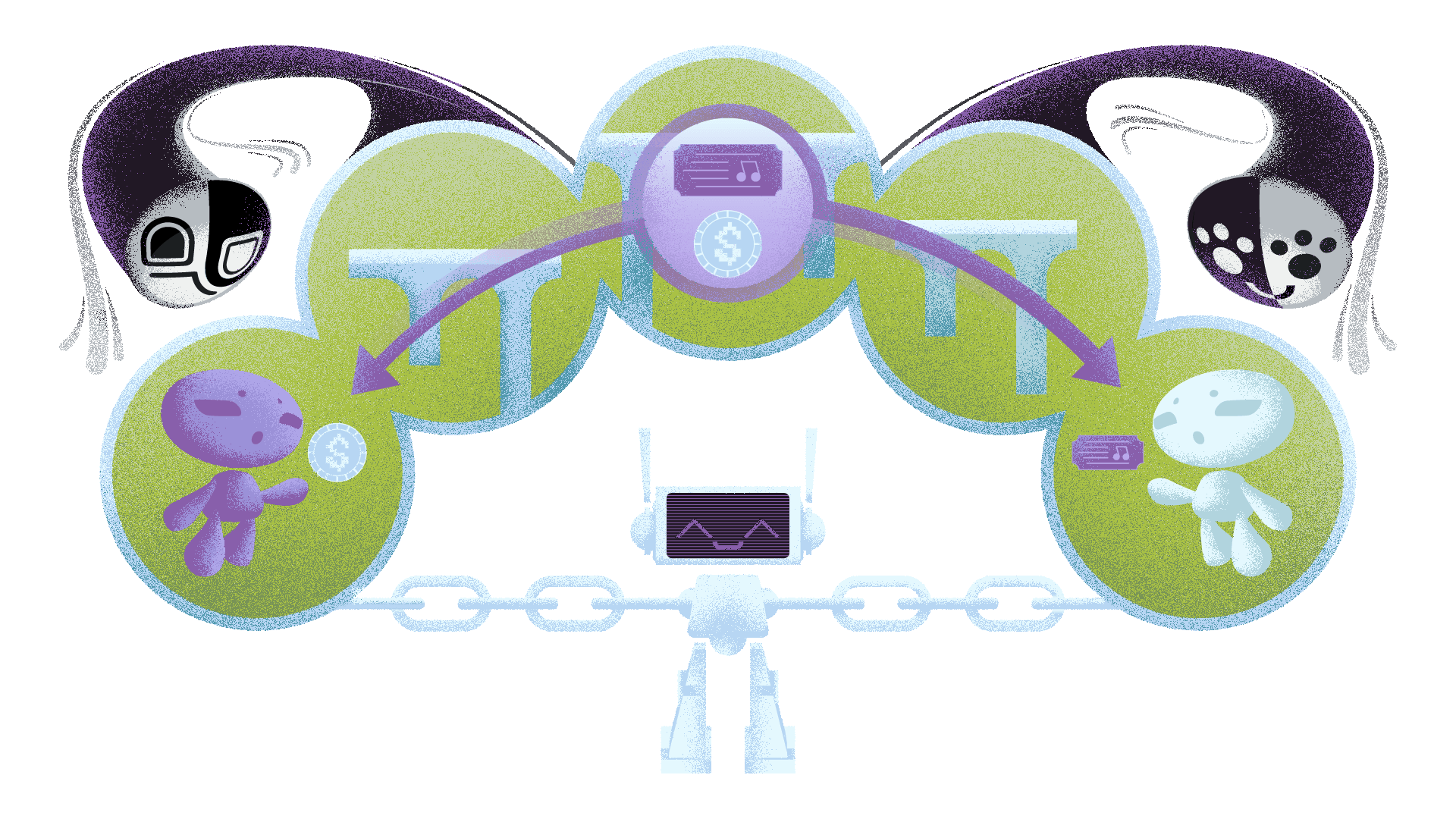 Robot illustration with trading characters and chain links