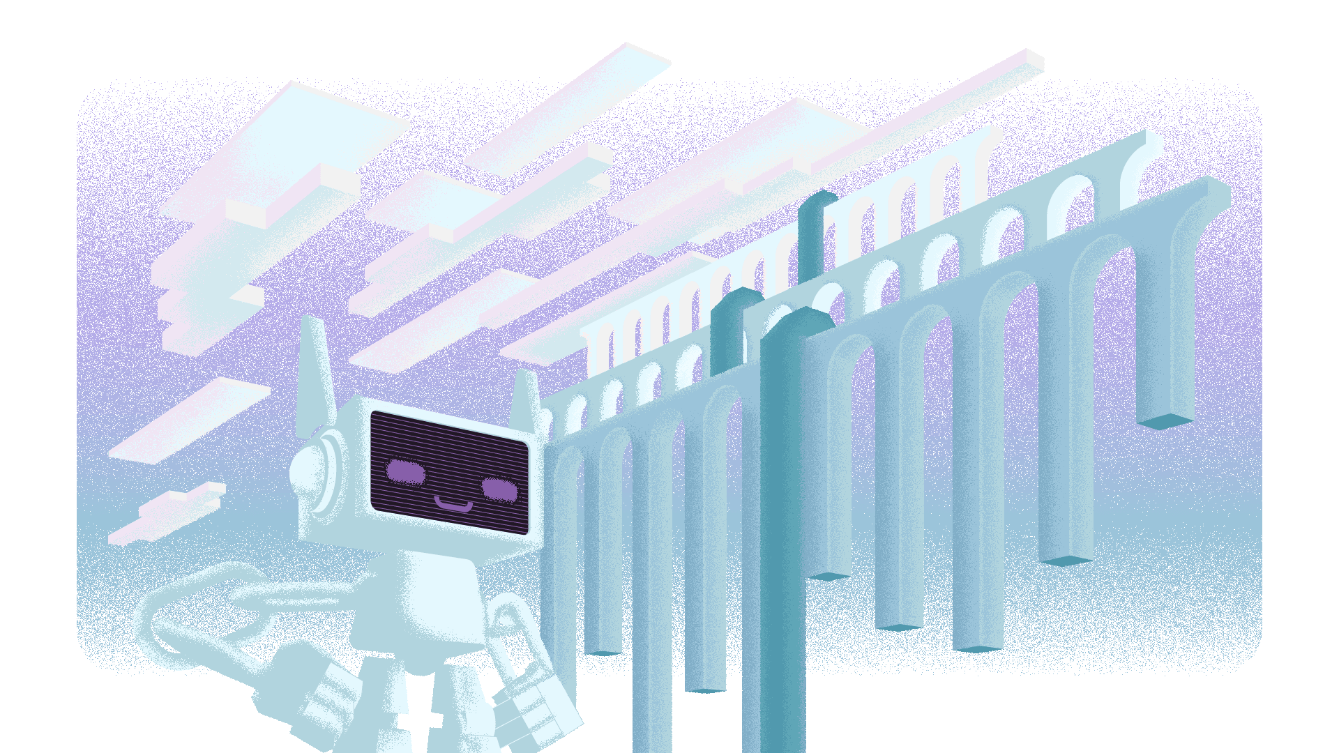 Robot standing in front of an aqueduct illustration